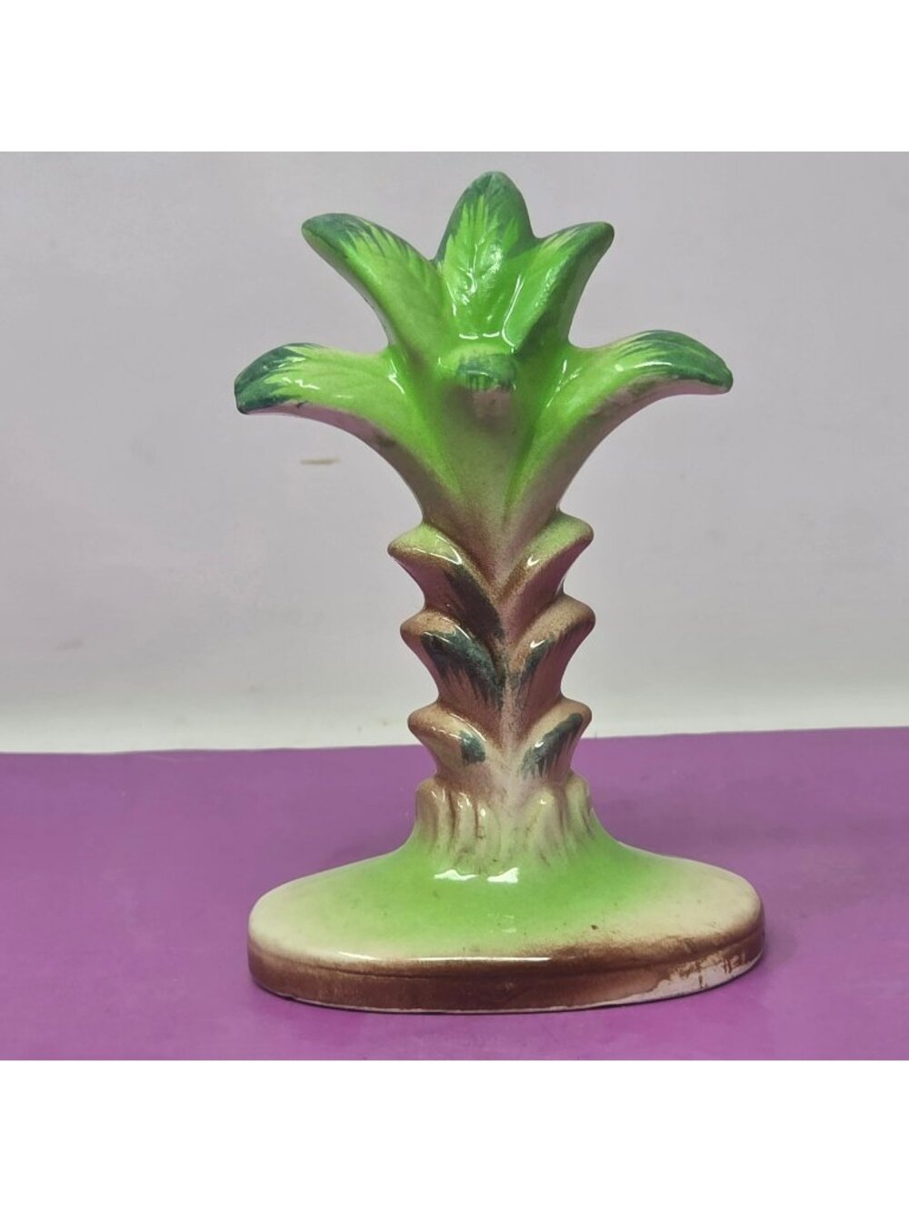 Vintage Ceramic Palm Tree Figurine Tropical Green Brown Glazed Decor Unmarked